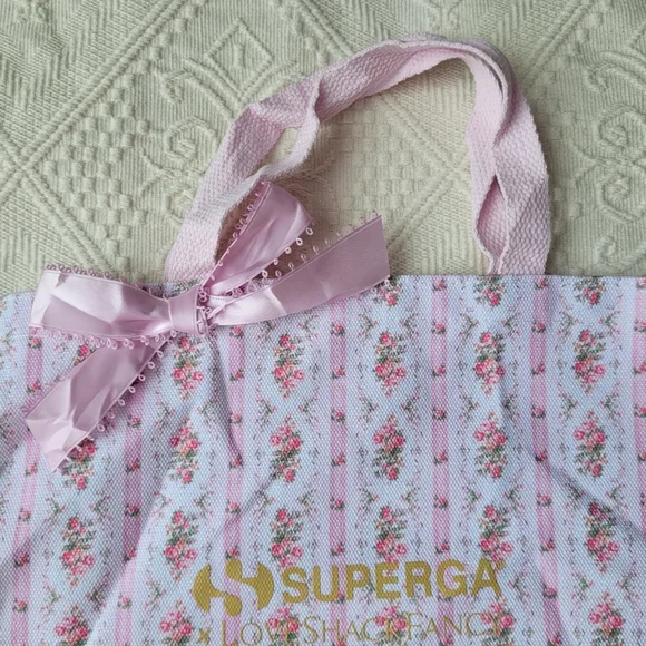 LOVESHACKFANCY X SUPERGA FLORAL BOW TOTE BAG PINK WHITE GOLD - Picture 4 of 14